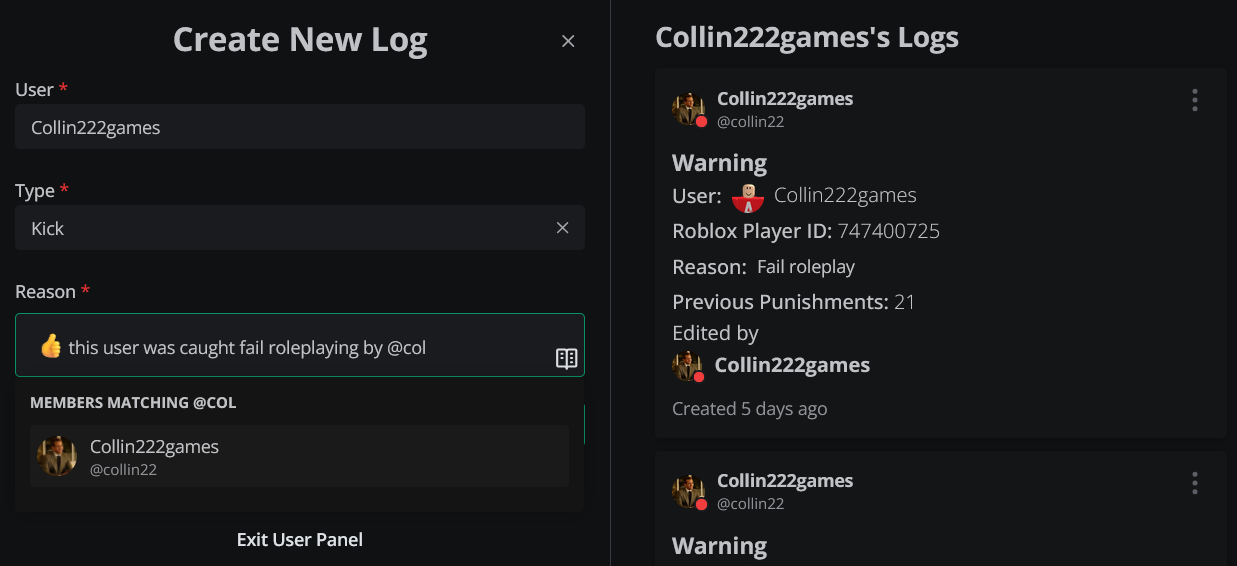 create log panel